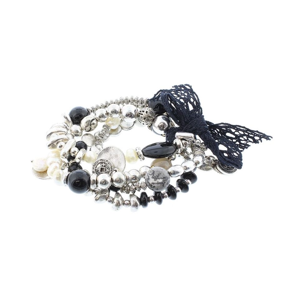 BRACELET 4 STRIPS METAL STONE BEADS