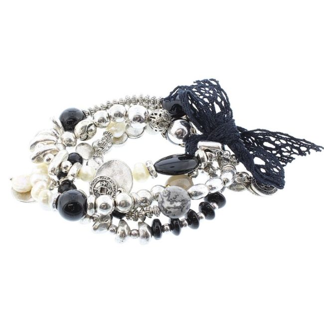 BRACELET 4 STRIPS METAL STONE BEADS