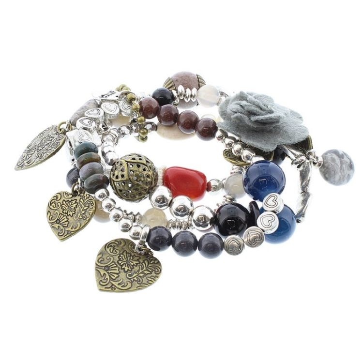 BRACELET 4 STRIPS METAL STONE BEADS