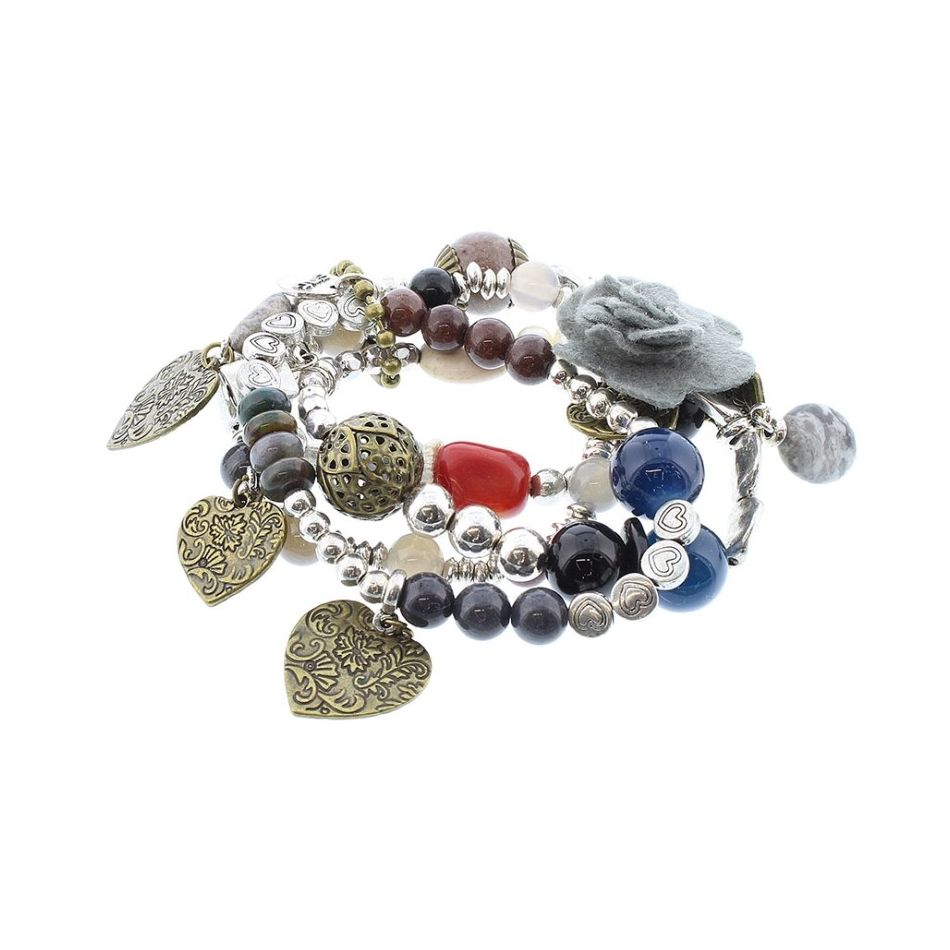 BRACELET 4 STRIPS METAL STONE BEADS