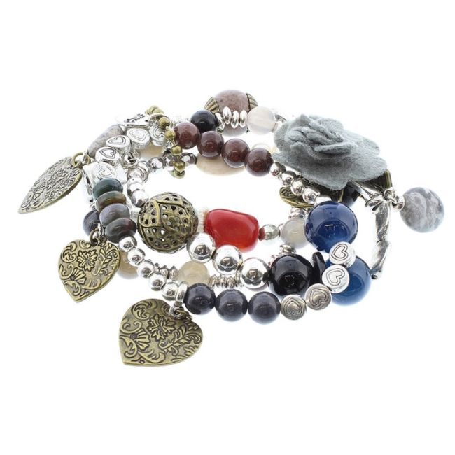 PULSERA 4 TIRAS CUENTAS METAL PIEDRAS