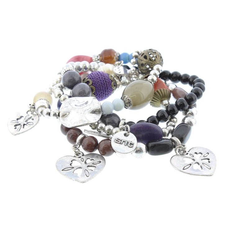 BRACELET 4 STRIPS METAL STONE BEADS