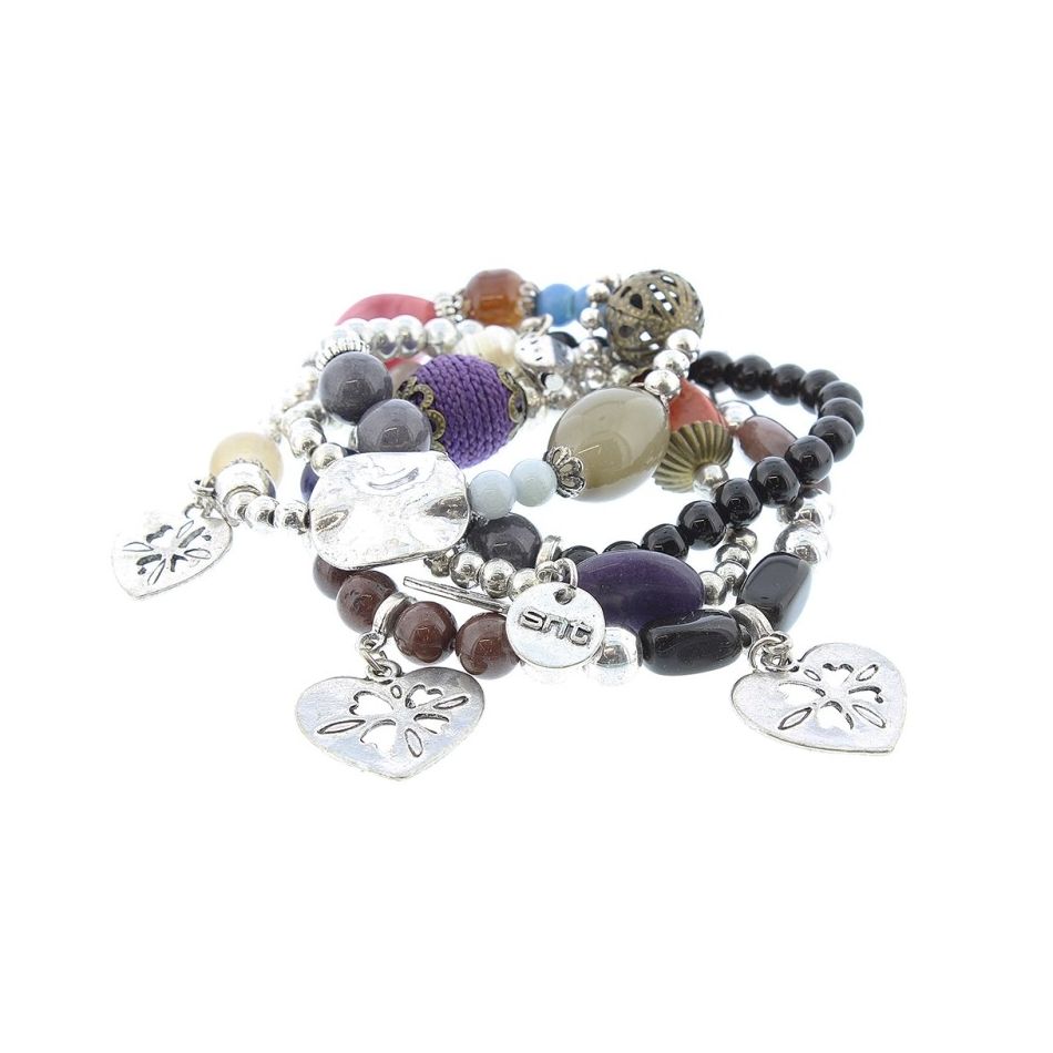 BRACELET 4 STRIPS METAL STONE BEADS