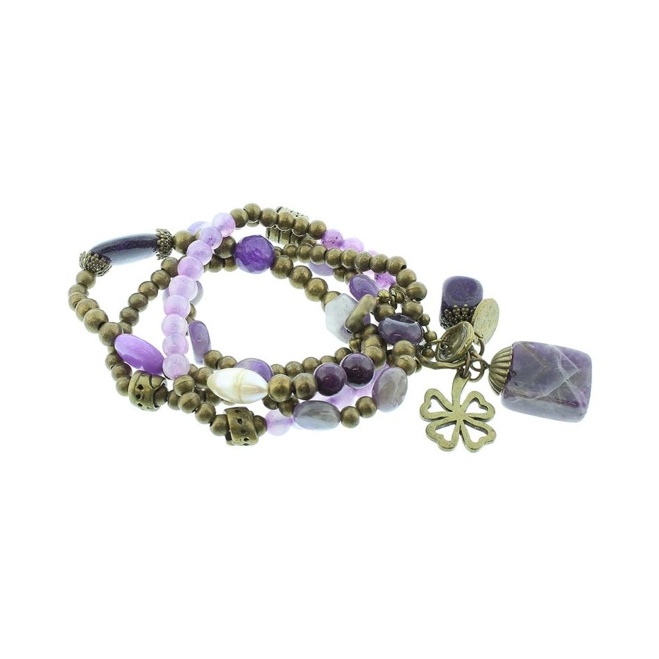 BRACELET 4 STRIPS METAL STONE BEADS