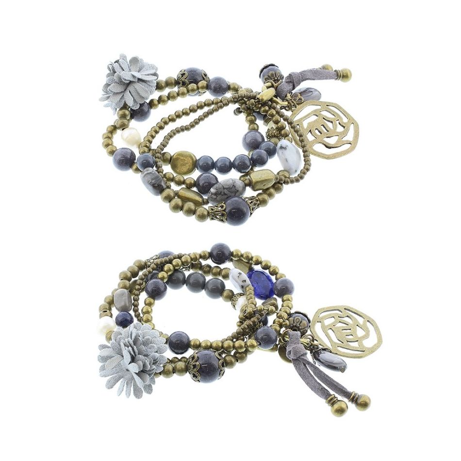 BRACELET 4 STRIPS METAL STONE BEADS