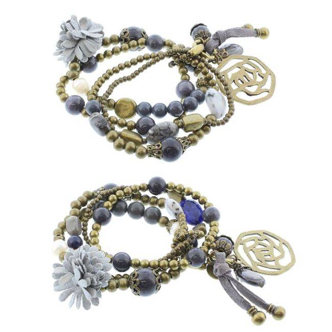 BRACELET 4 STRIPS METAL STONE BEADS