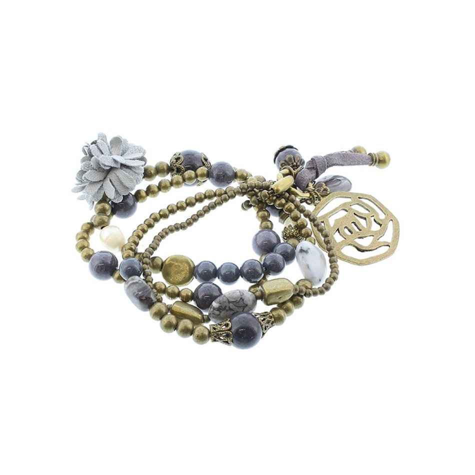 BRACELET 4 STRIPS METAL STONE BEADS