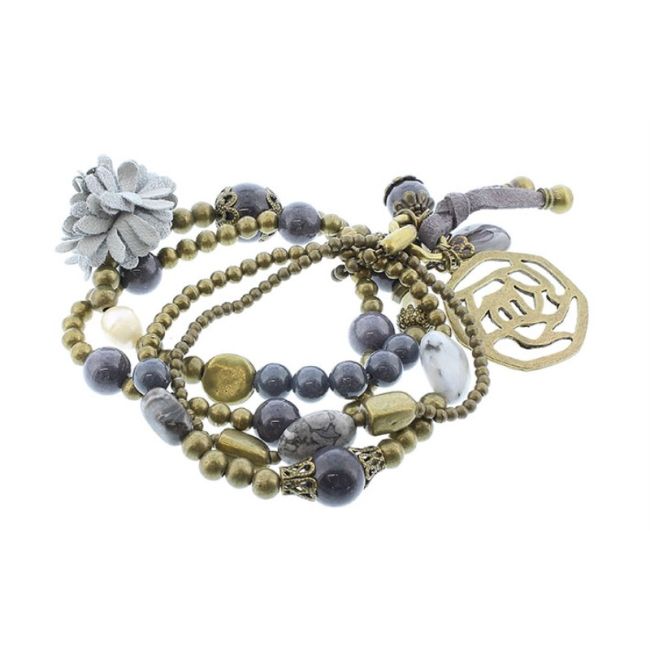 BRACELET 4 STRIPS METAL STONE BEADS