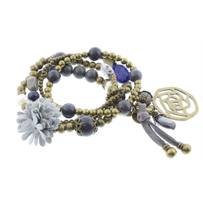 BRACELET 4 STRIPS METAL STONE BEADS