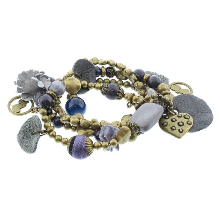 BRACELET 4 STRIPS METAL STONE BEADS