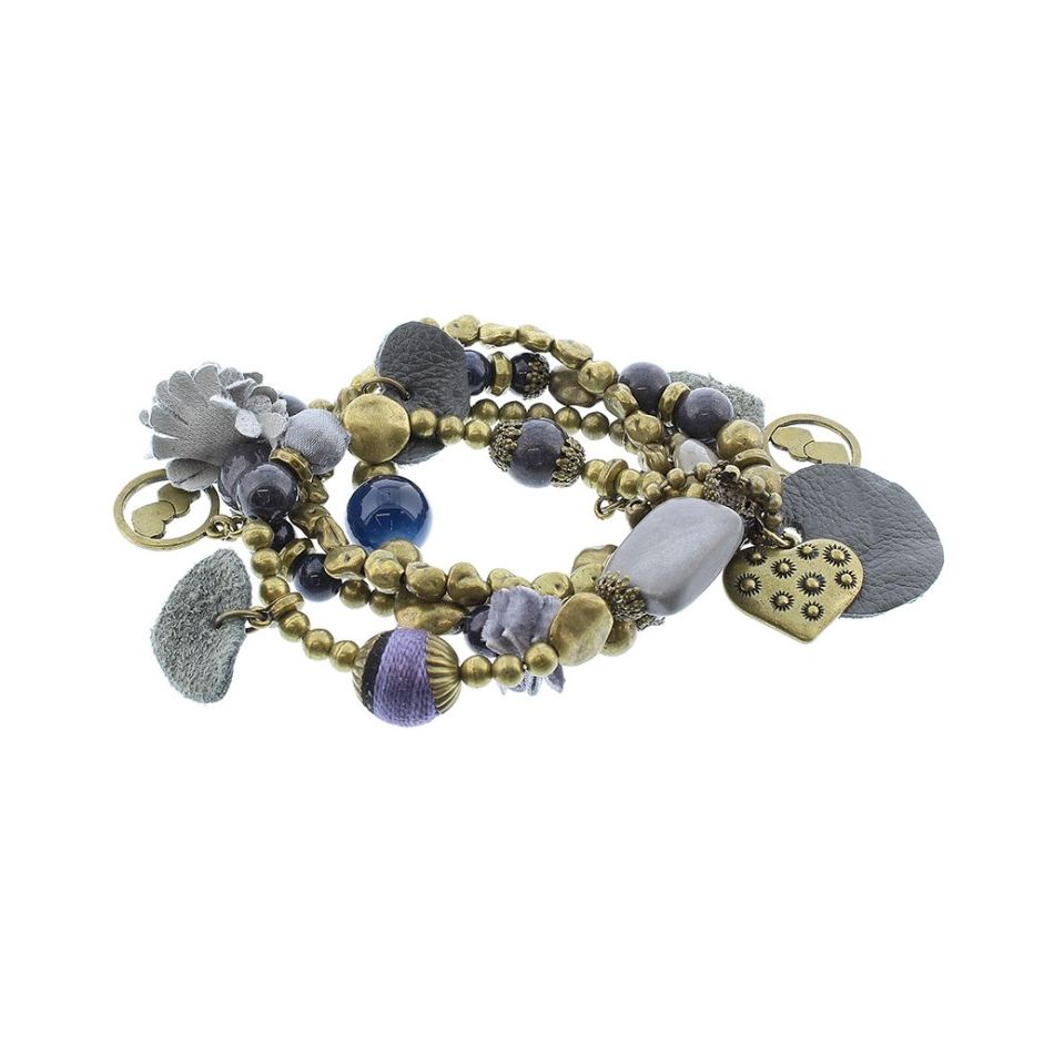BRACELET 4 STRIPS METAL STONE BEADS