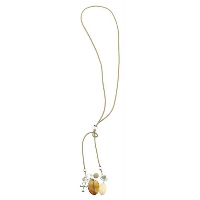COLLAR LARGO CUERO CUENTAS METAL PIEDRAS
