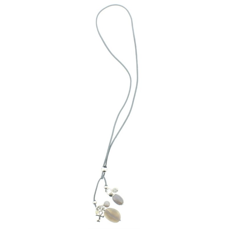 LONG LEATHER NECKLACE METAL BEADS STONES 2