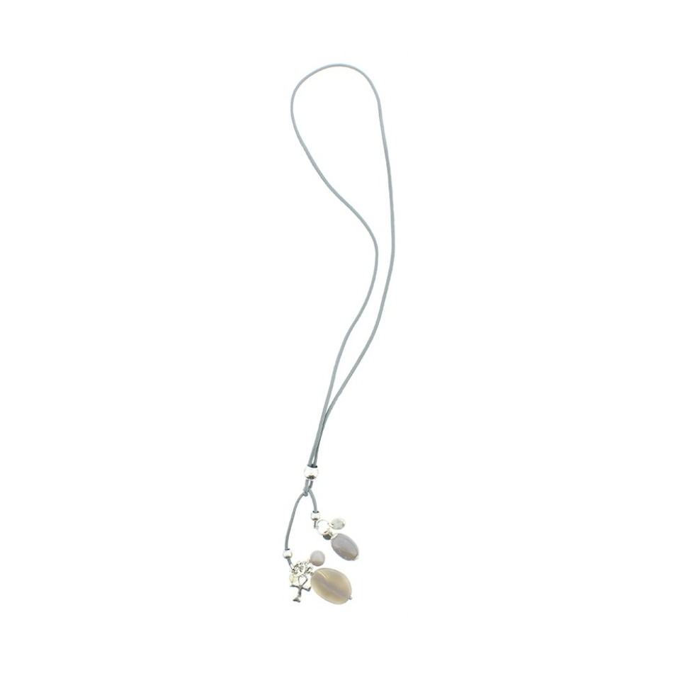 COLLAR LARGO CUERO CUENTAS METAL PIEDRAS