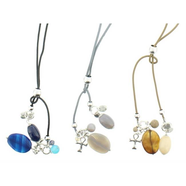 LONG LEATHER NECKLACE METAL BEADS STONES