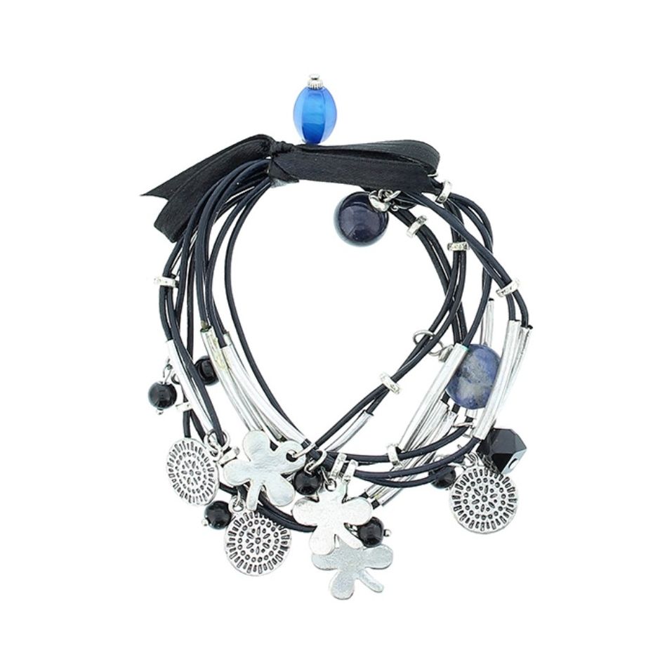 PULSERA 8 TIRAS CUERO CUENTAS METAL PIEDRAS
