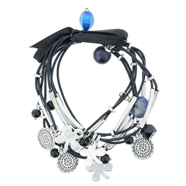 PULSERA 8 TIRAS CUERO CUENTAS METAL PIEDRAS