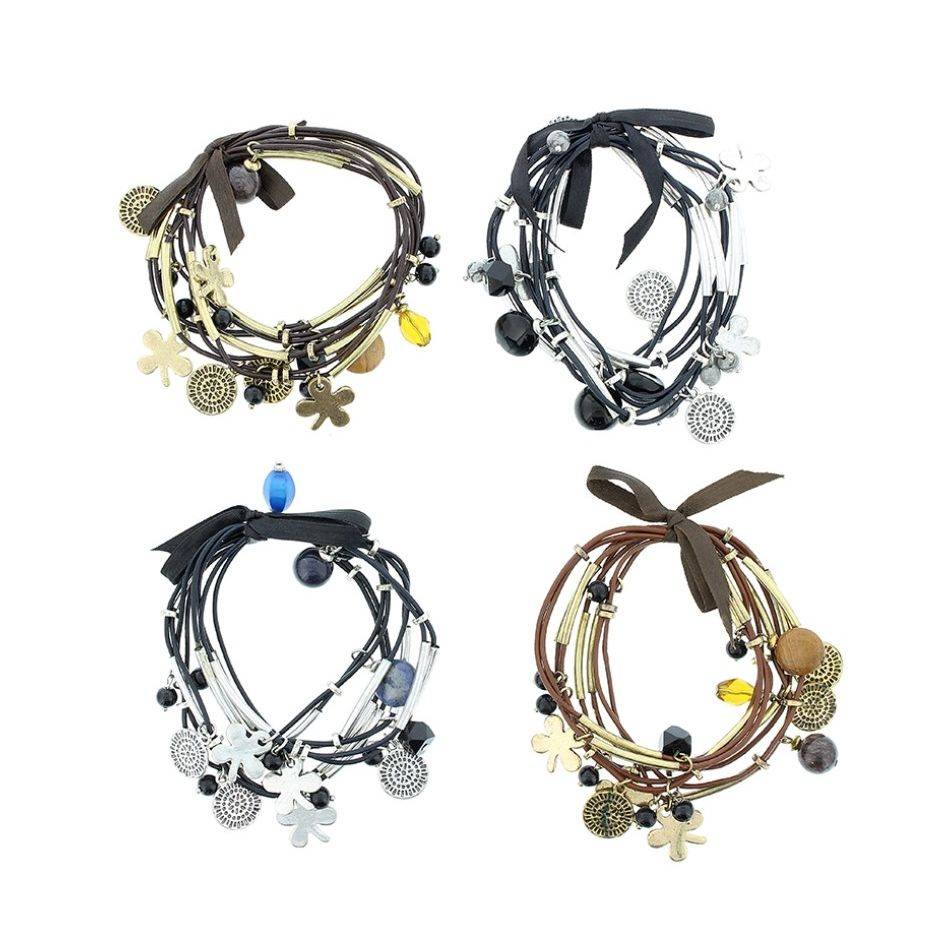 BRACELET 8 STRIPS LEATHER BEADS METAL STONES