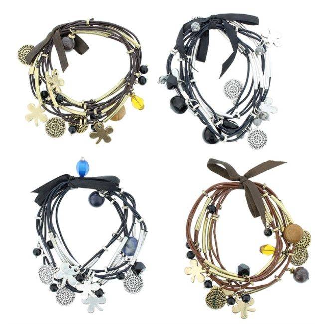 PULSERA 8 TIRAS CUERO CUENTAS METAL PIEDRAS