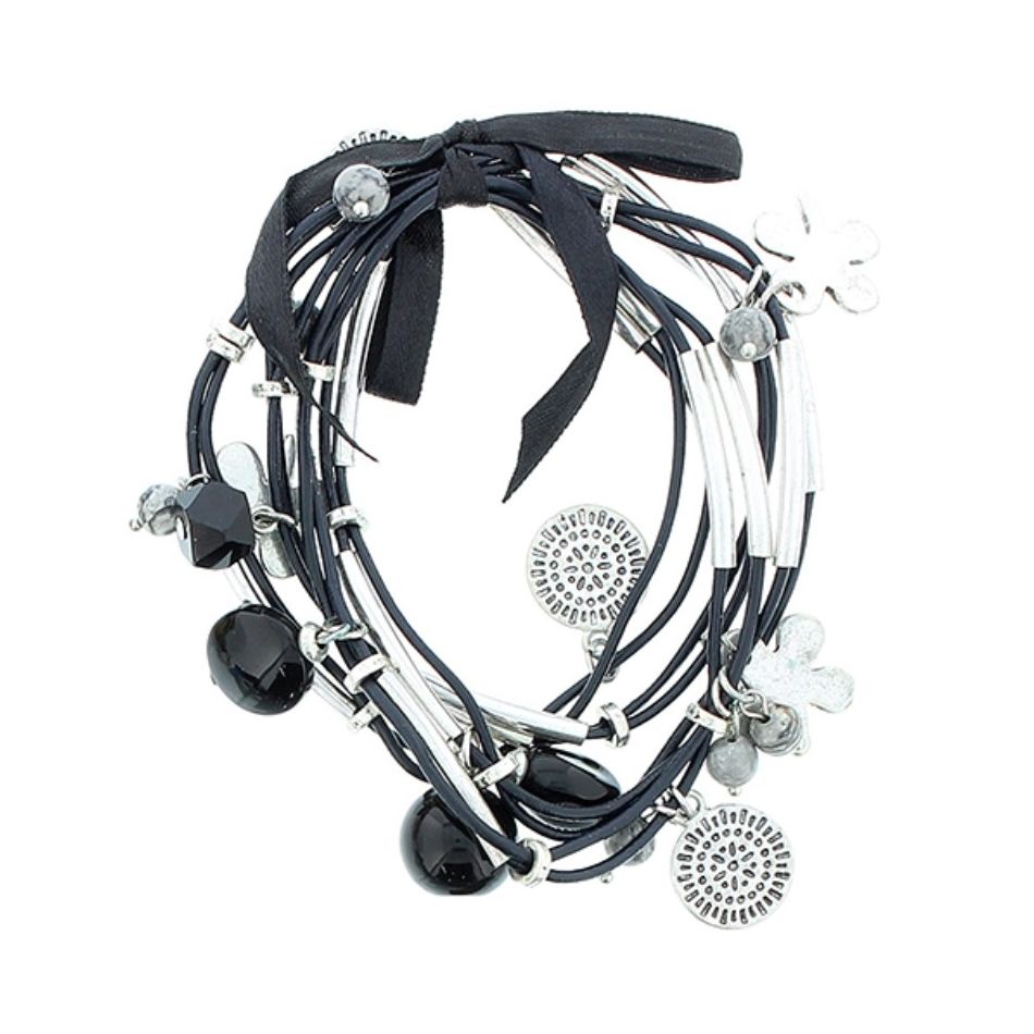BRACELET 8 STRIPS LEATHER BEADS METAL STONES