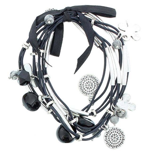 PULSERA 8 TIRAS CUERO CUENTAS METAL PIEDRAS