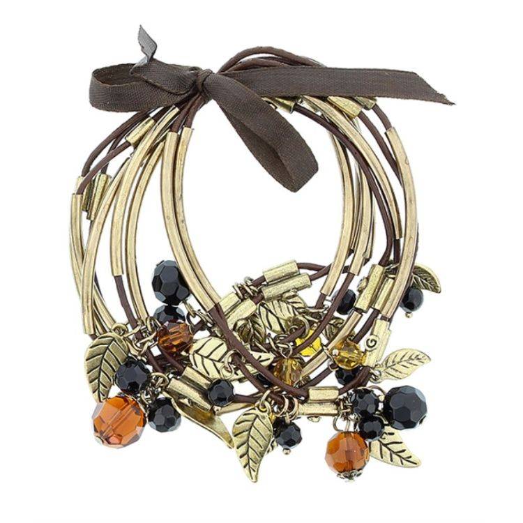 BRACELET 8 STRIPS LEATHER BEADS METAL STONES