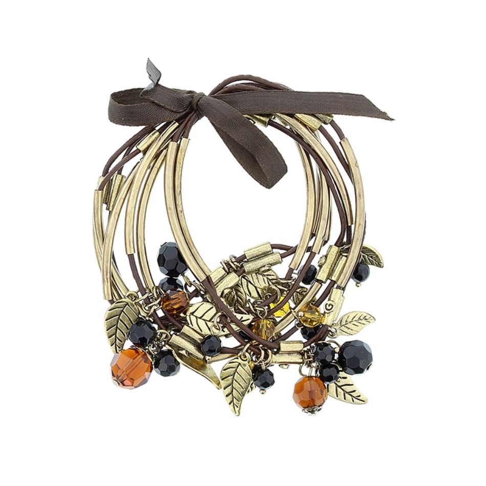 PULSERA 8 TIRAS CUERO CUENTAS METAL PIEDRAS