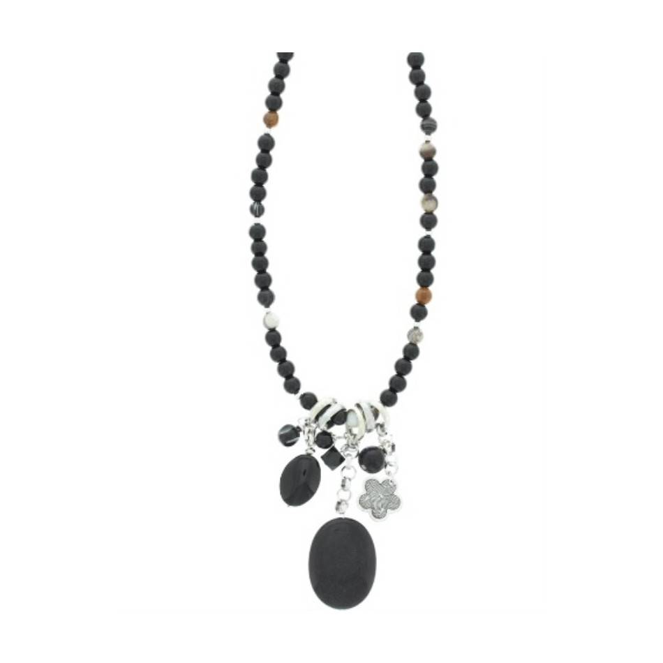 LONG NECKLACE METAL STONE BEADS