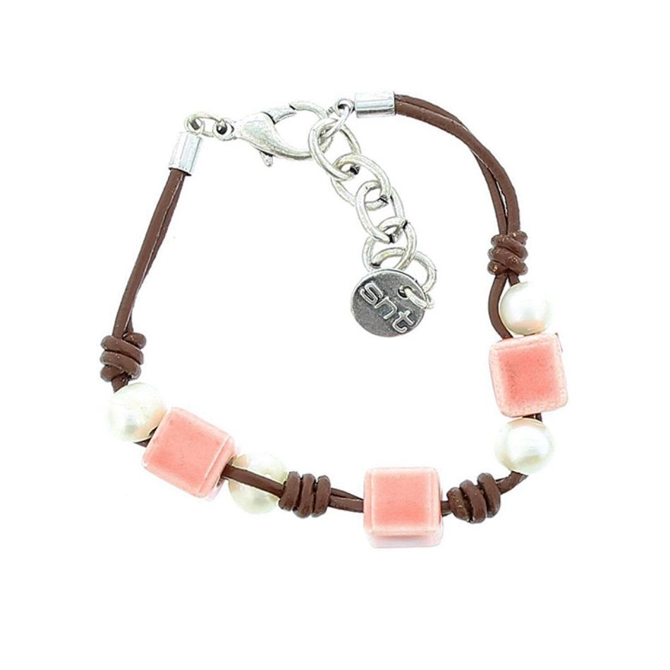PULSERA CUERO CUENTAS METAL CERÁMICA