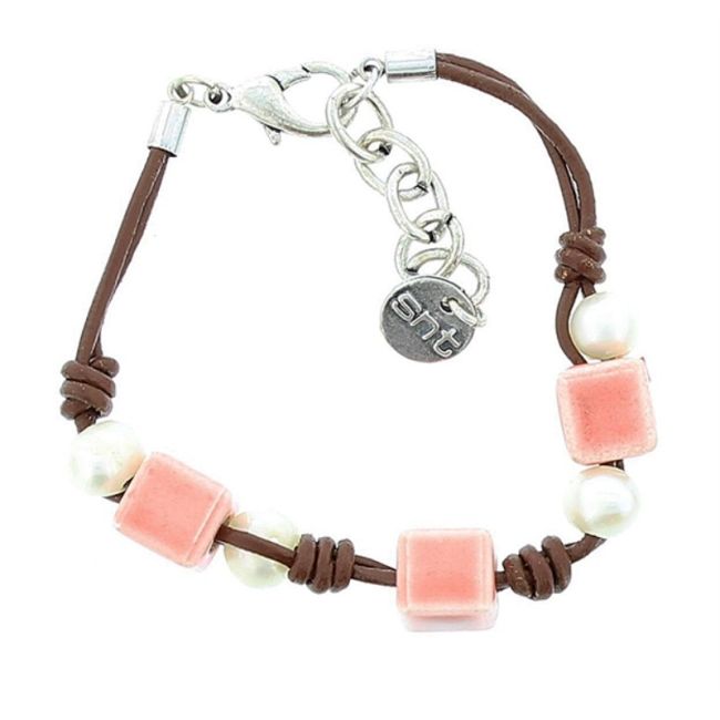 PULSERA CUERO CUENTAS METAL CERÁMICA