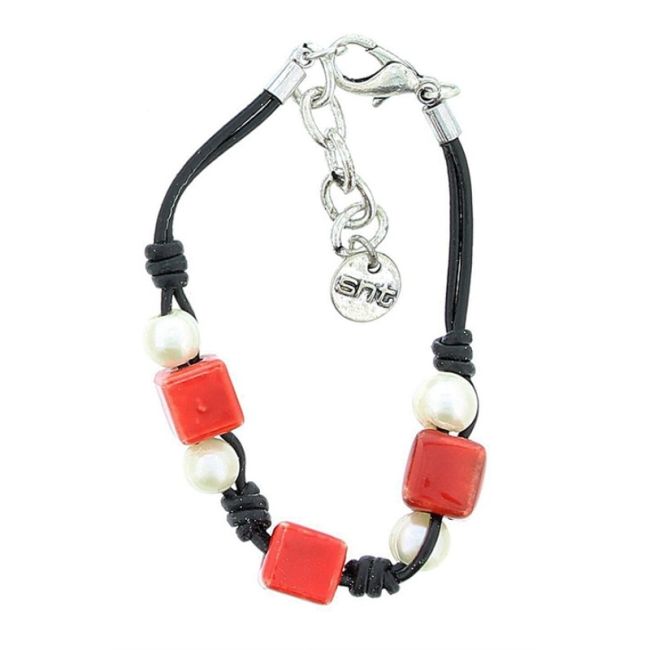 PULSERA CUERO CUENTAS METAL CERÁMICA