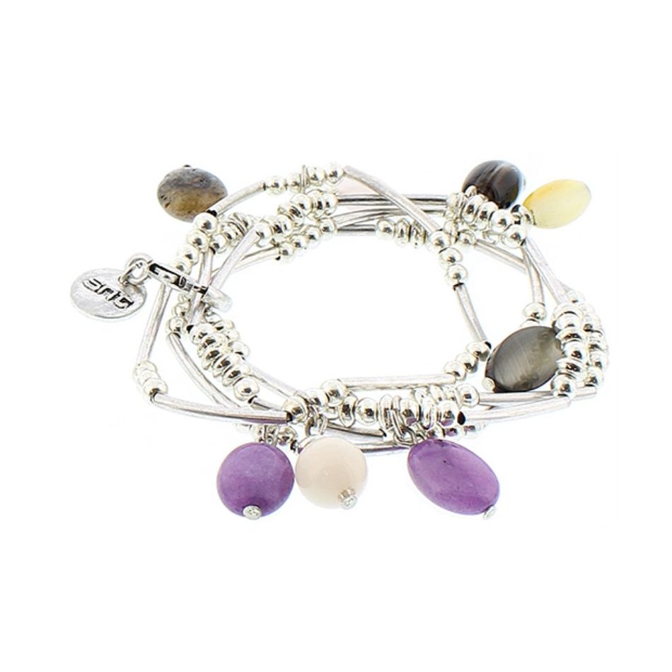 BRACELET 4 STRIPS METAL STONE BEADS
