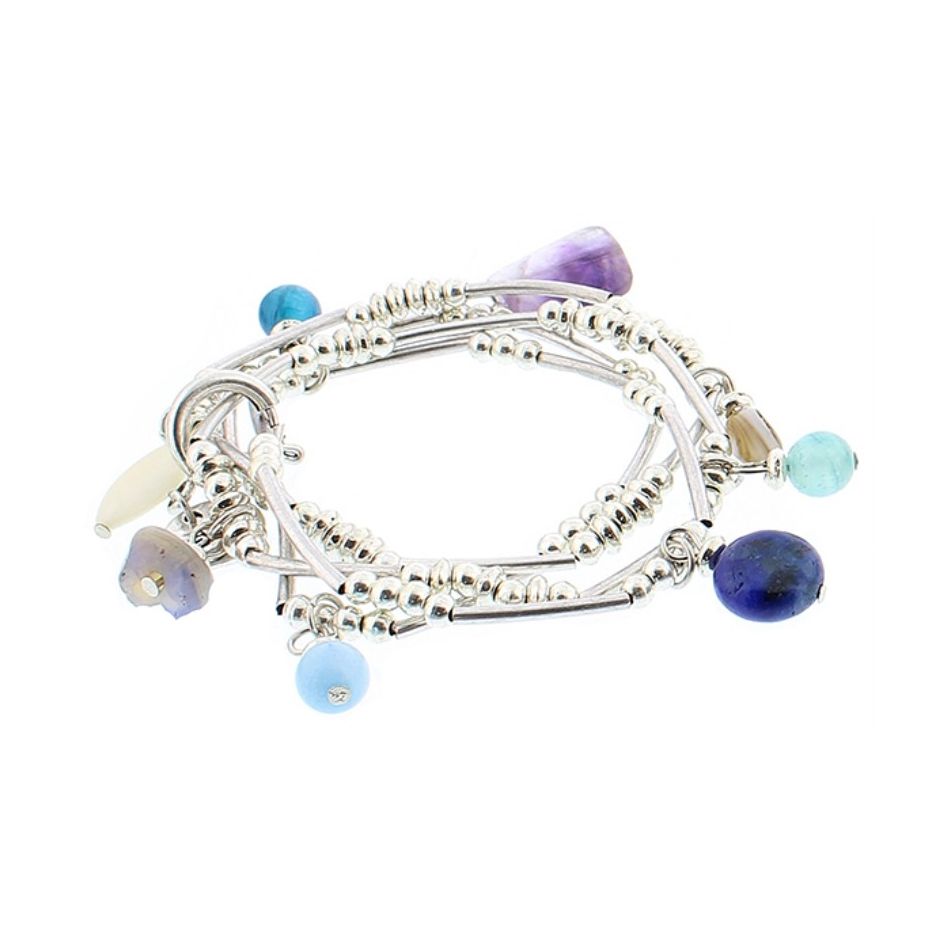 BRACELET 4 STRIPS METAL STONE BEADS
