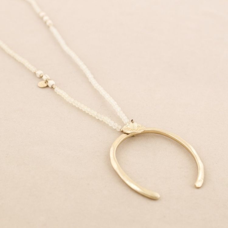 METAL HALF MOON PENDANT LONG CRYSTAL NECKLACE