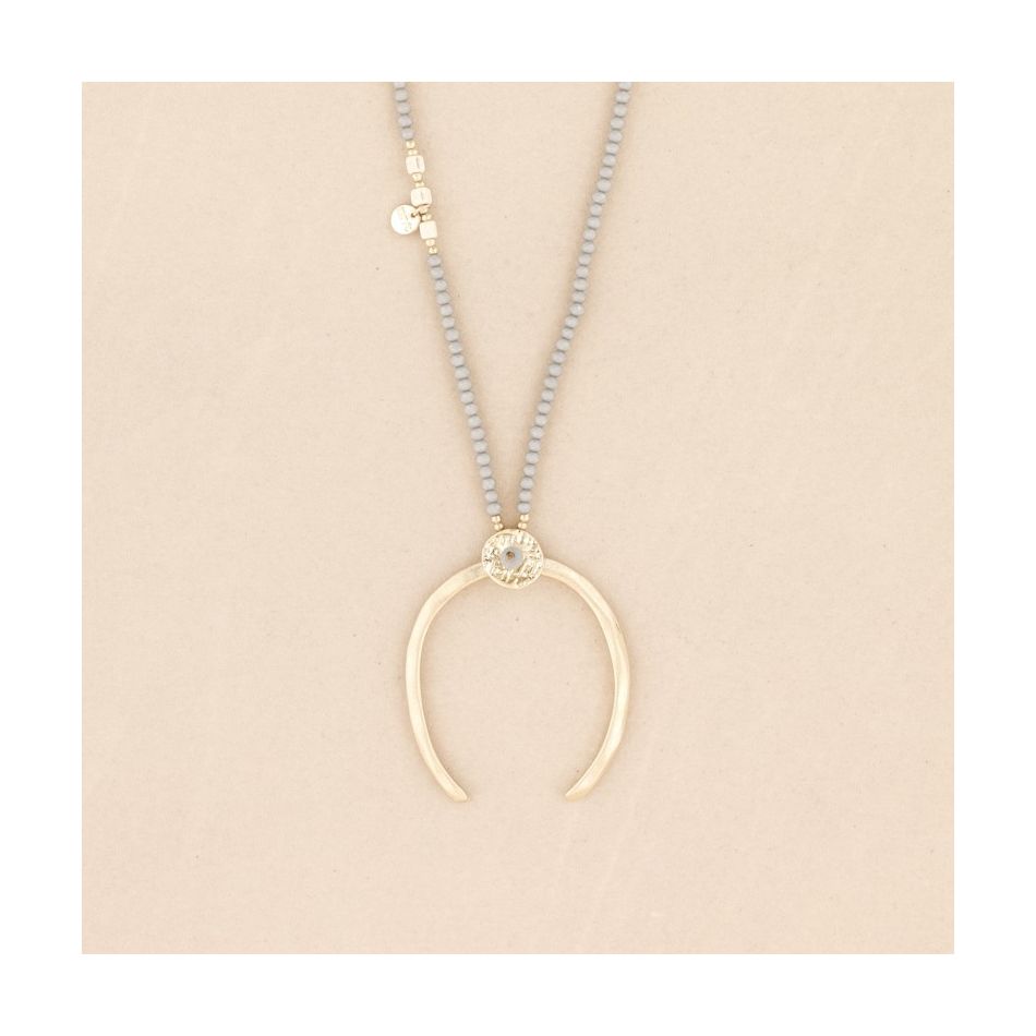 METAL HALF MOON PENDANT LONG CRYSTAL NECKLACE
