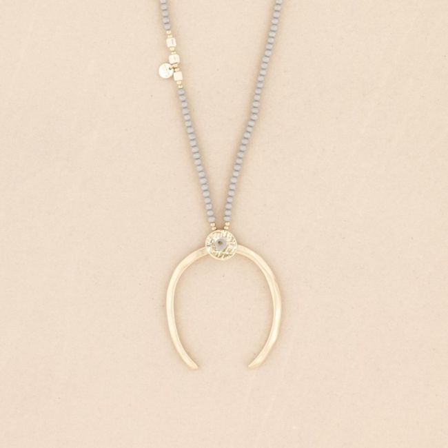 METAL HALF MOON PENDANT LONG CRYSTAL NECKLACE