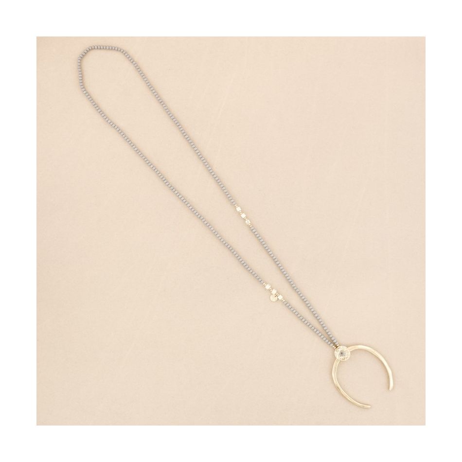 METAL HALF MOON PENDANT LONG CRYSTAL NECKLACE