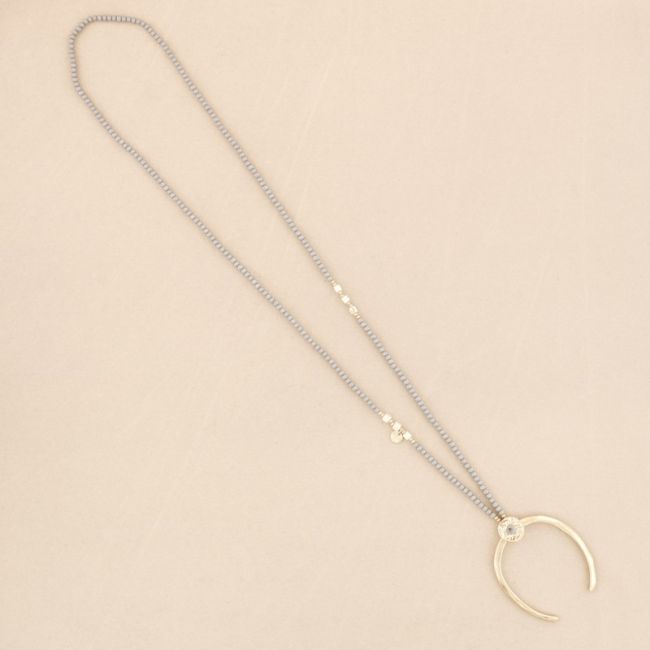 METAL HALF MOON PENDANT LONG CRYSTAL NECKLACE