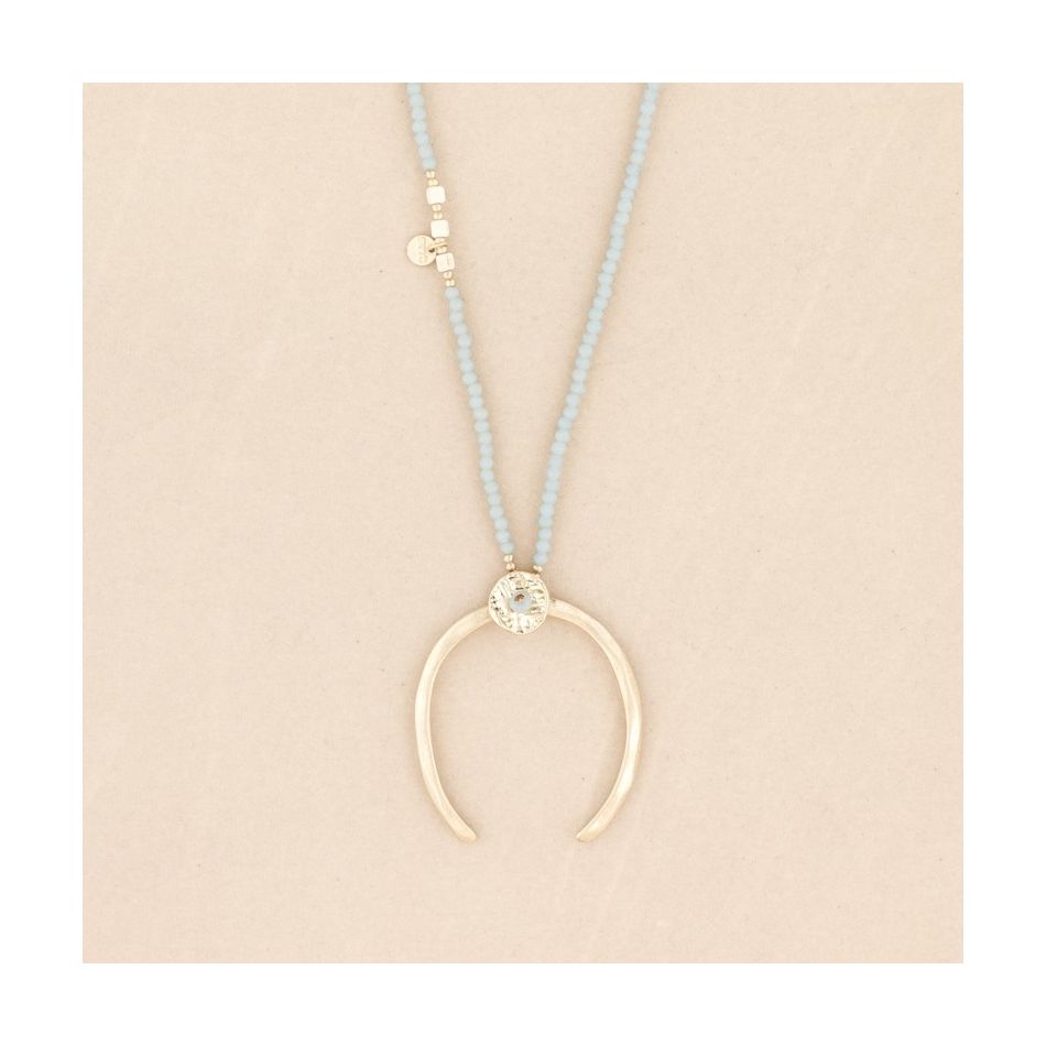 METAL HALF MOON PENDANT LONG CRYSTAL NECKLACE