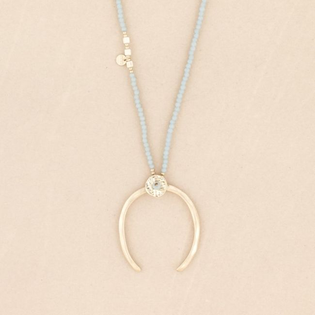 METAL HALF MOON PENDANT LONG CRYSTAL NECKLACE
