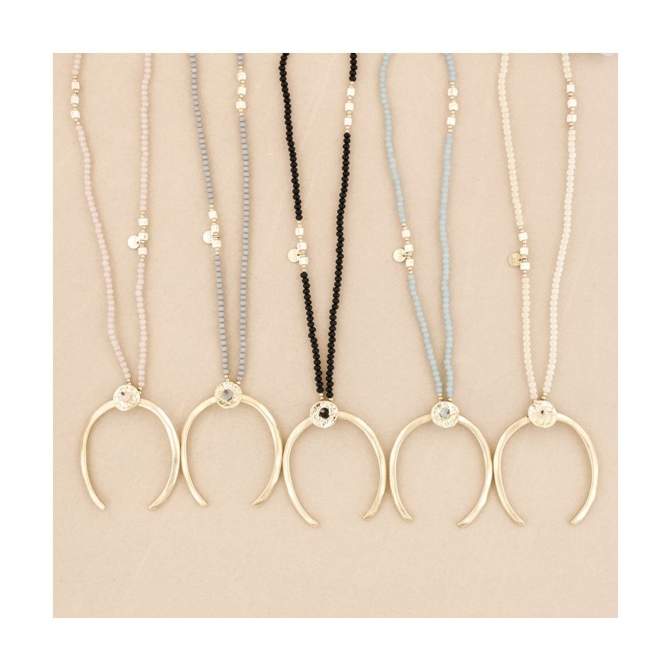 METAL HALF MOON PENDANT LONG CRYSTAL NECKLACE