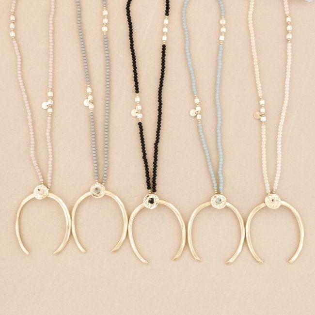 METAL HALF MOON PENDANT LONG CRYSTAL NECKLACE