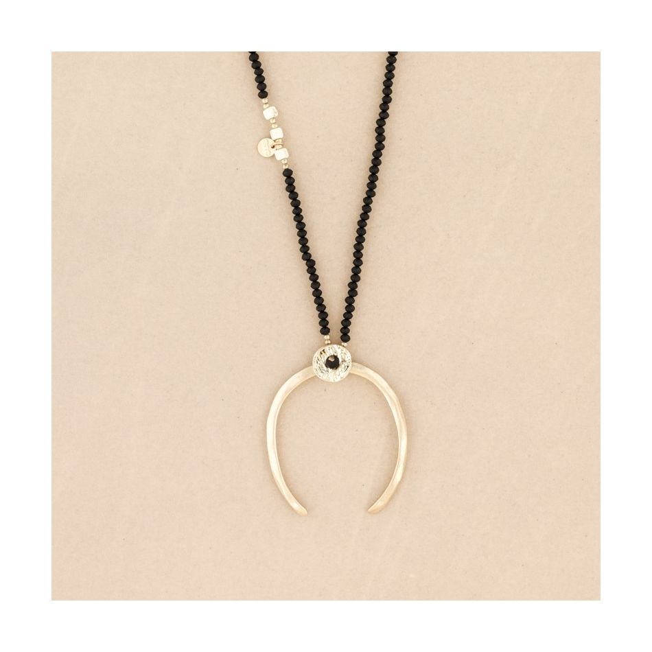 METAL HALF MOON PENDANT LONG CRYSTAL NECKLACE