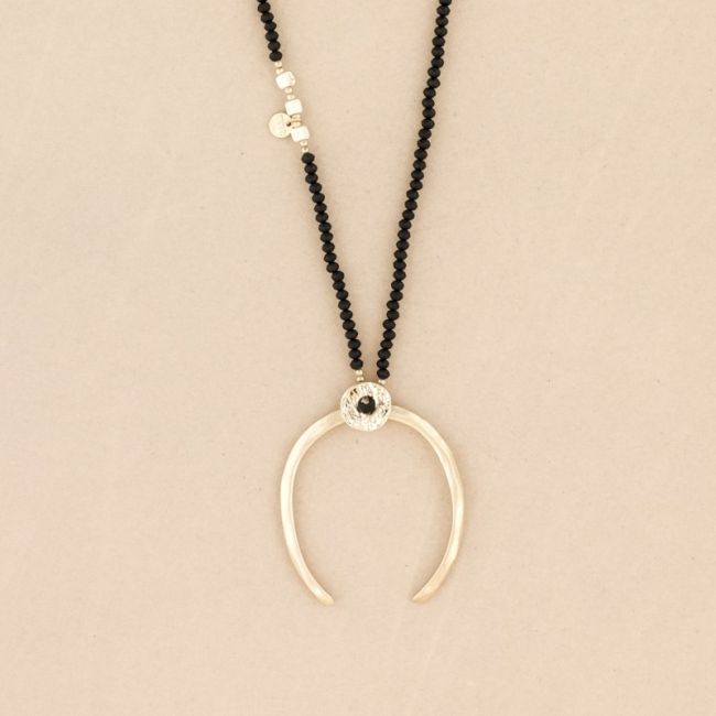 METAL HALF MOON PENDANT LONG CRYSTAL NECKLACE