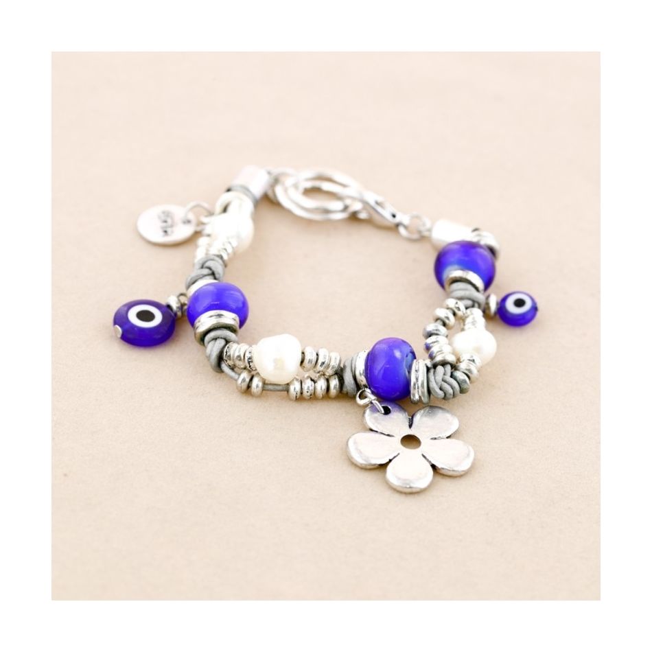 BEADS LEATHER METAL CRYSTAL BRACELET