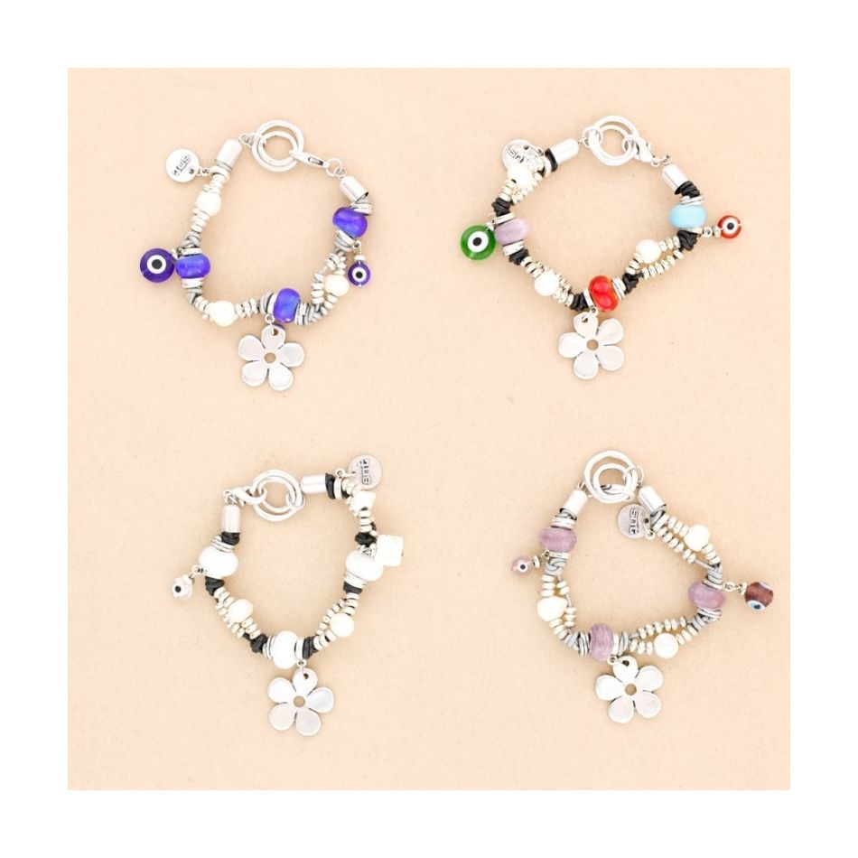 PULSERA CUENTAS CUERO METAL CRISTAL