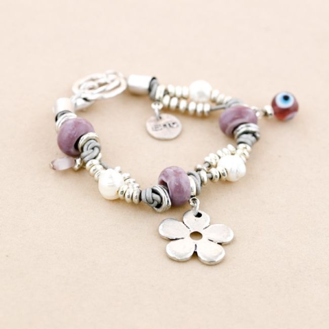 PULSERA CUENTAS CUERO METAL CRISTAL