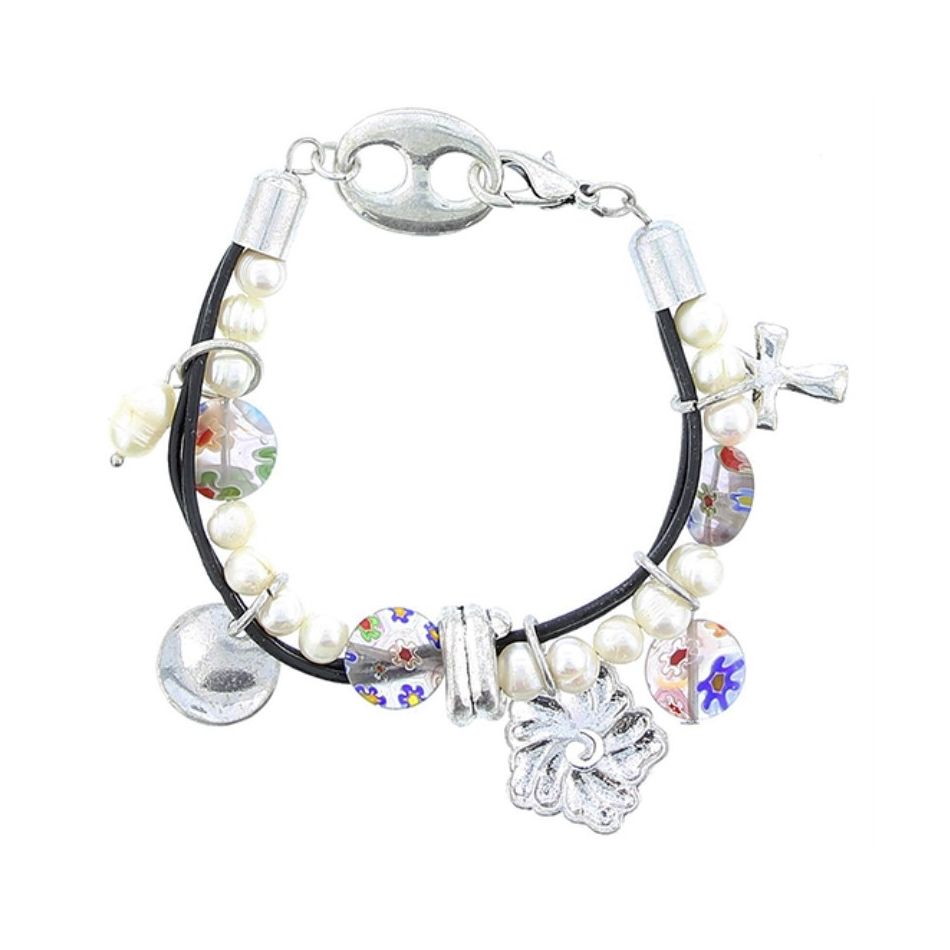 PULSERA CUENTAS CUERO METAL CRISTAL