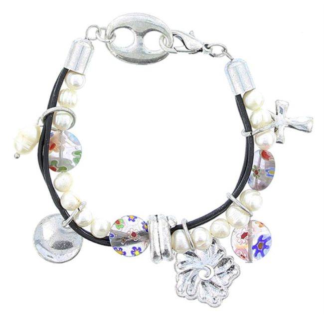 BEADS LEATHER METAL CRYSTAL BRACELET