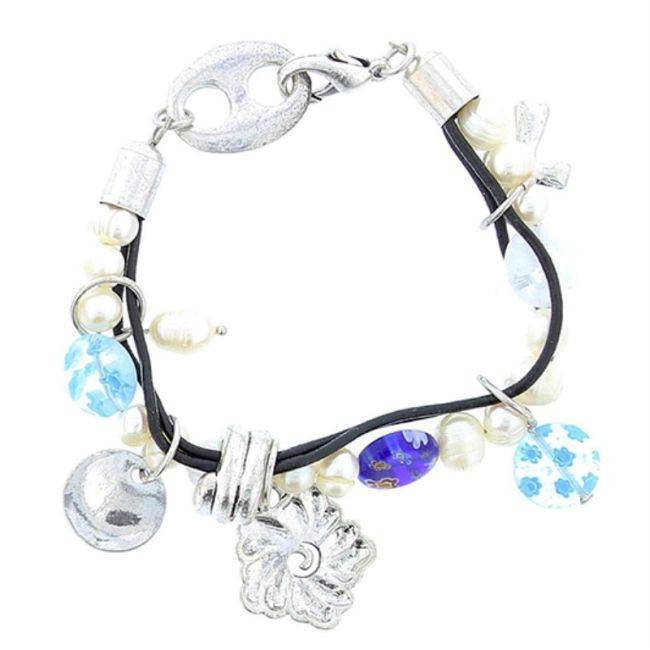 BEADS LEATHER METAL CRYSTAL BRACELET